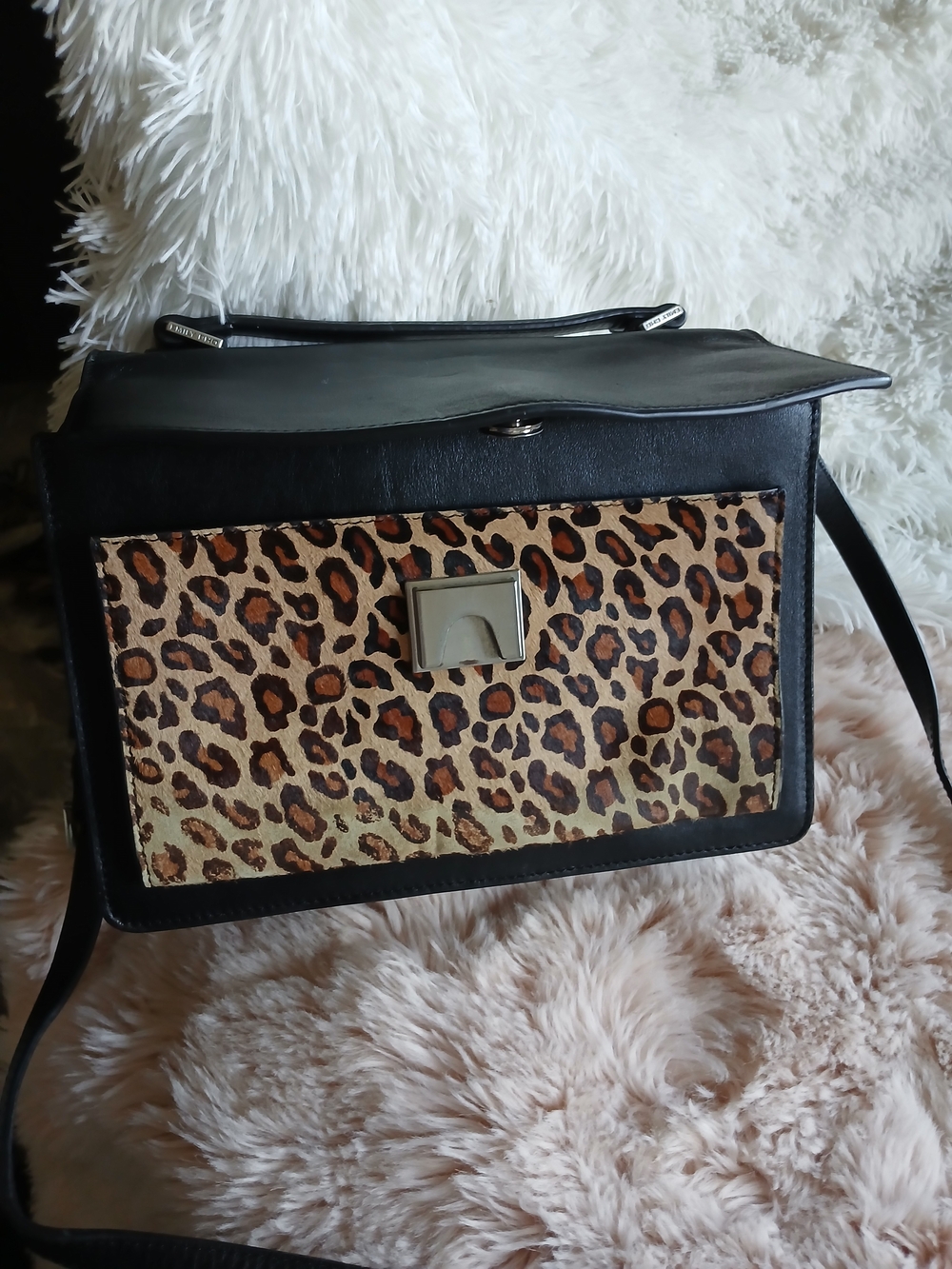 Black Leather Crossbody Bag with Leopard Print Panel Emily Cho Brand.